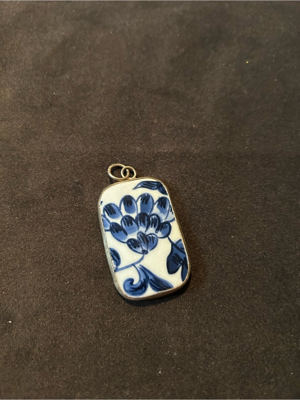 Blue & white Chinoiserie broken china pottery shard pendent floral